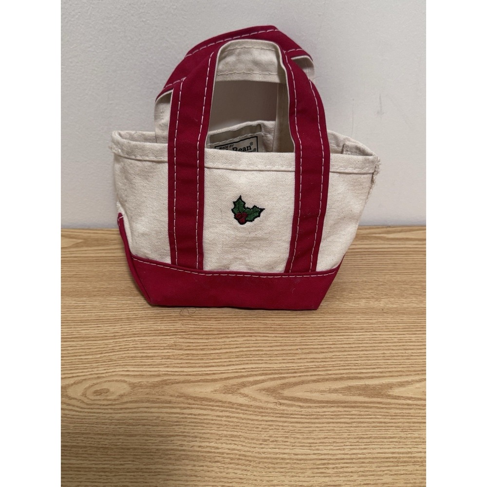 Vintage L.L. Bean Cream and Red Mini Canvas Tote with Holly Embroidery